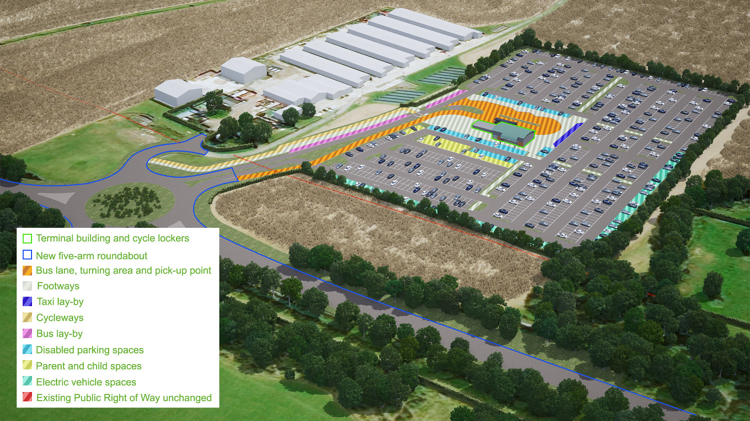 Images showing the layout of the Widford Park and Ride Greenbury way option with a key