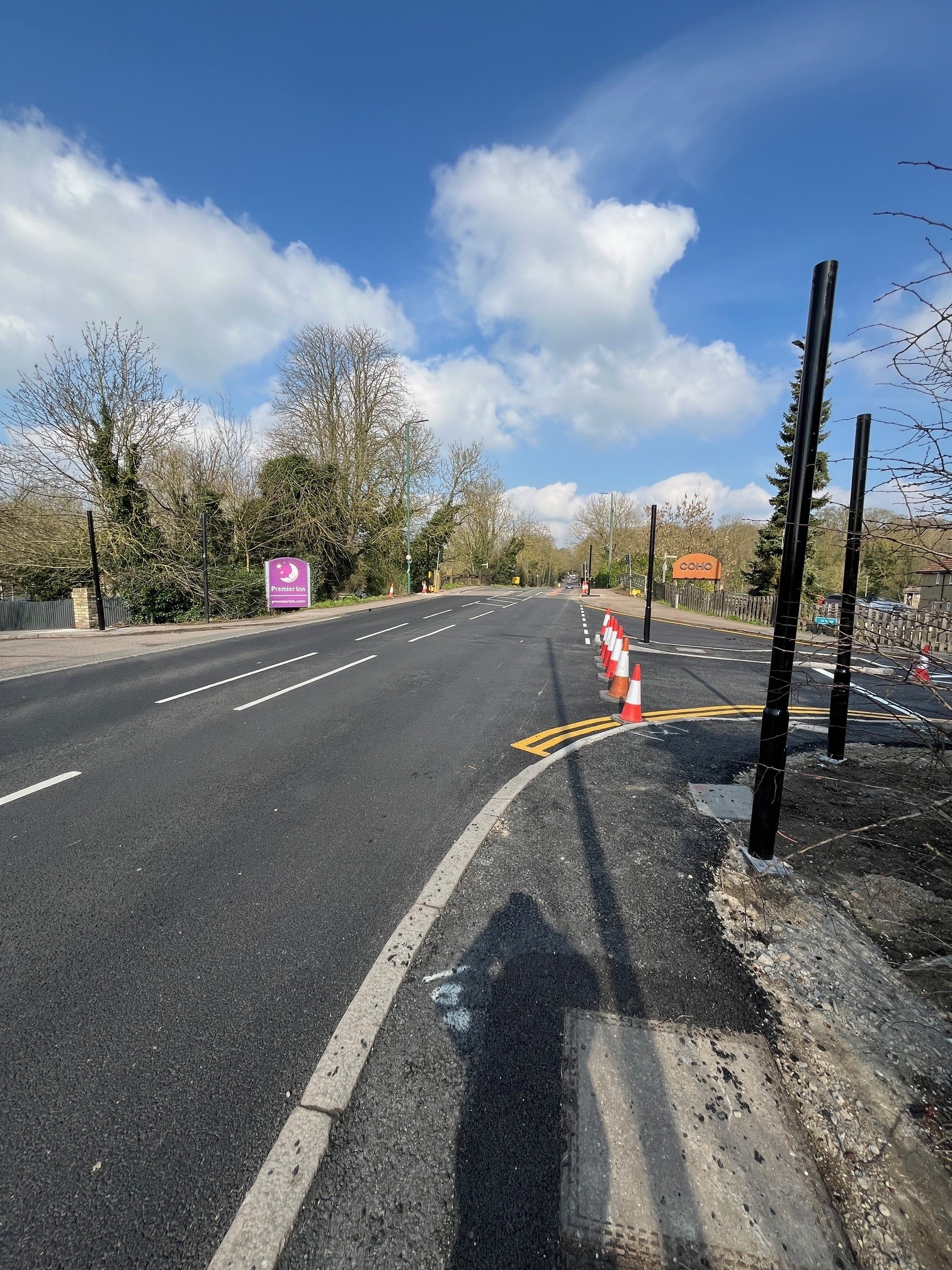 Image showing Cambridge Road improvements following resurfacing and new lining. Image also shows new connection into industrial estate.