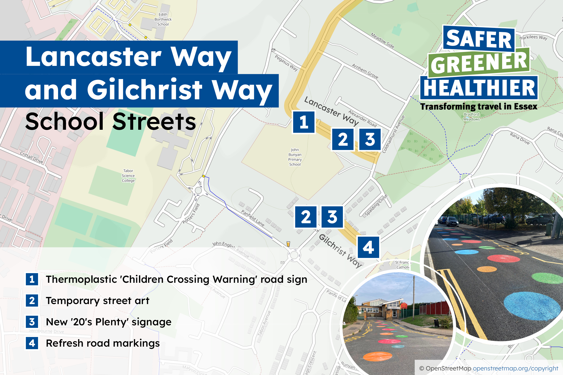 1. Thermoplastic 'Children Crossing Warning' road sign 2. Temporary street art 3. New '20's Plenty' signage 4. Refresh road markings