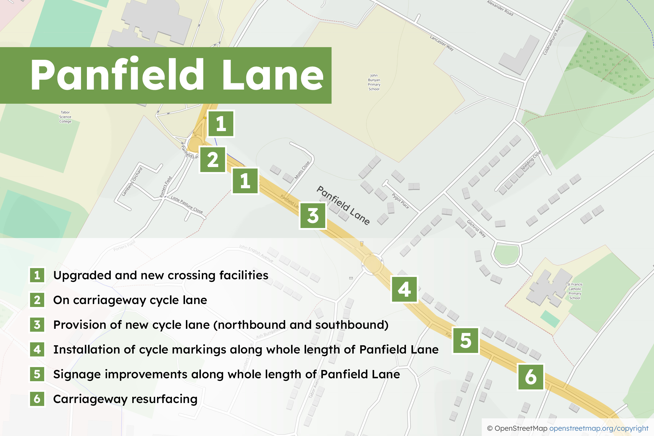 1. Upgraded and new crossing facilities 2. On carriageway cycle lane 3. Provision of new cycle lane (northbound and southbound) 4. Installation of cycle markings along whole length of Panfield Lane 5. Signage improvements along whole length of Panfield Lane 6. Carriageway resurfacing