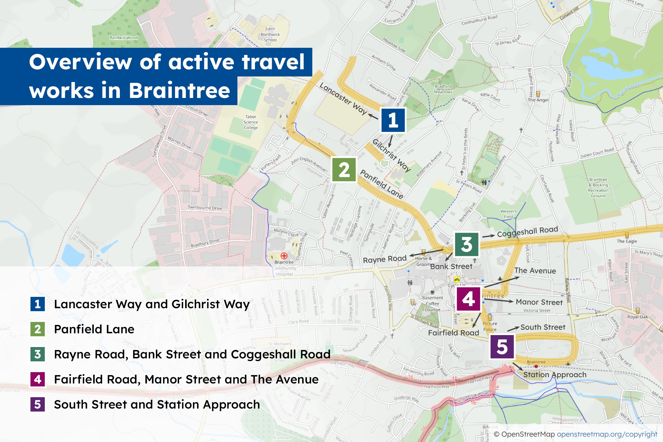 1. Lancaster Way and Gilchrist Way 2. Panfield Lane 3. Rayne Road, Bank Street and Coggeshall Road 4. Fairfield Road, Manor Street and The Avenue 5. South Street and Station Approach