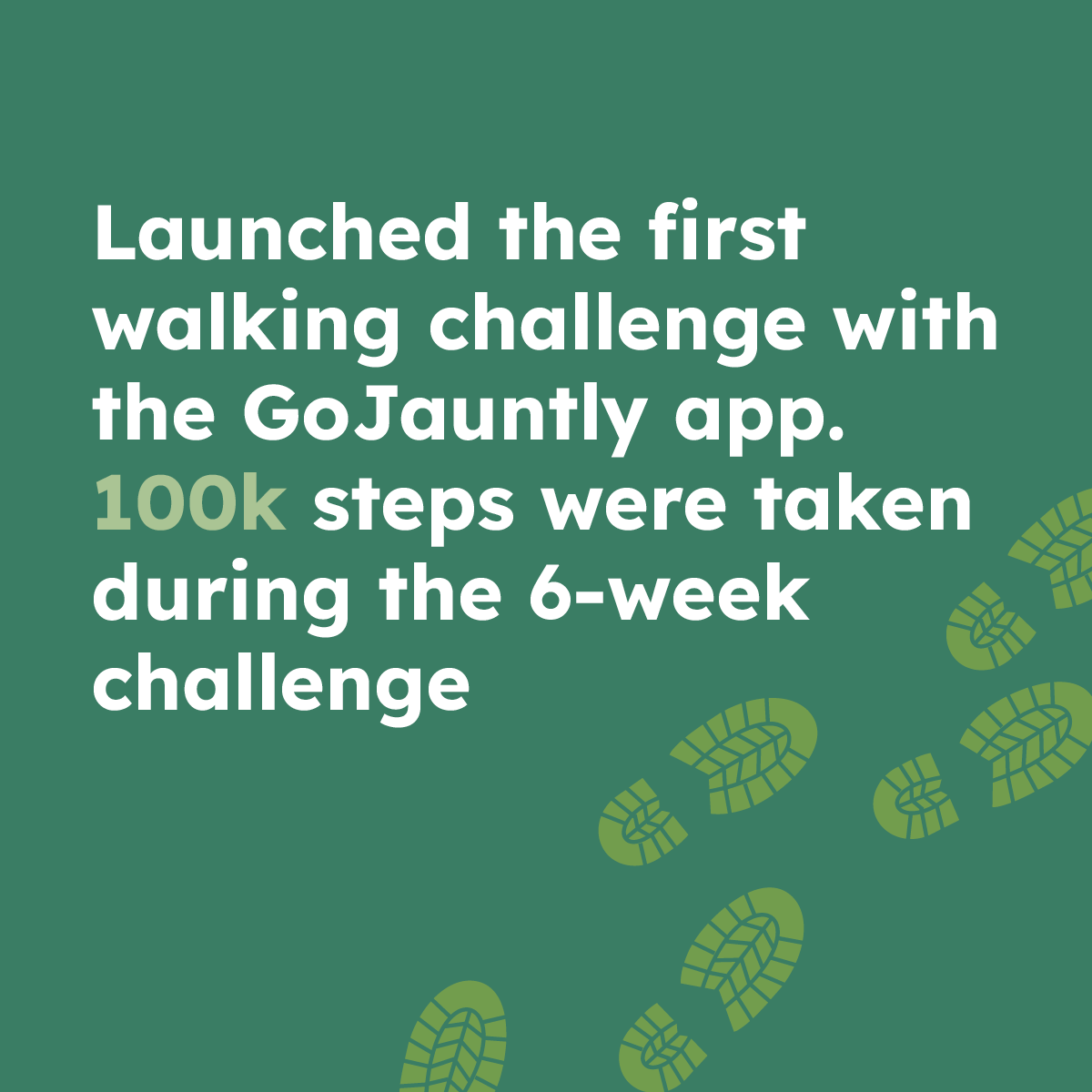 Launched the first walking challenge with the GoJaunty app. 100k steps were taken during the 6-week challenge.