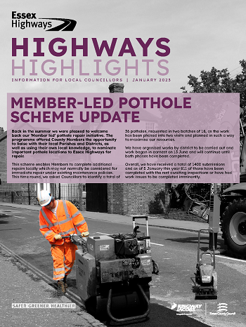 Cover of Highways Highlights January 2023, showing information about the Member Led Pothole scheme
