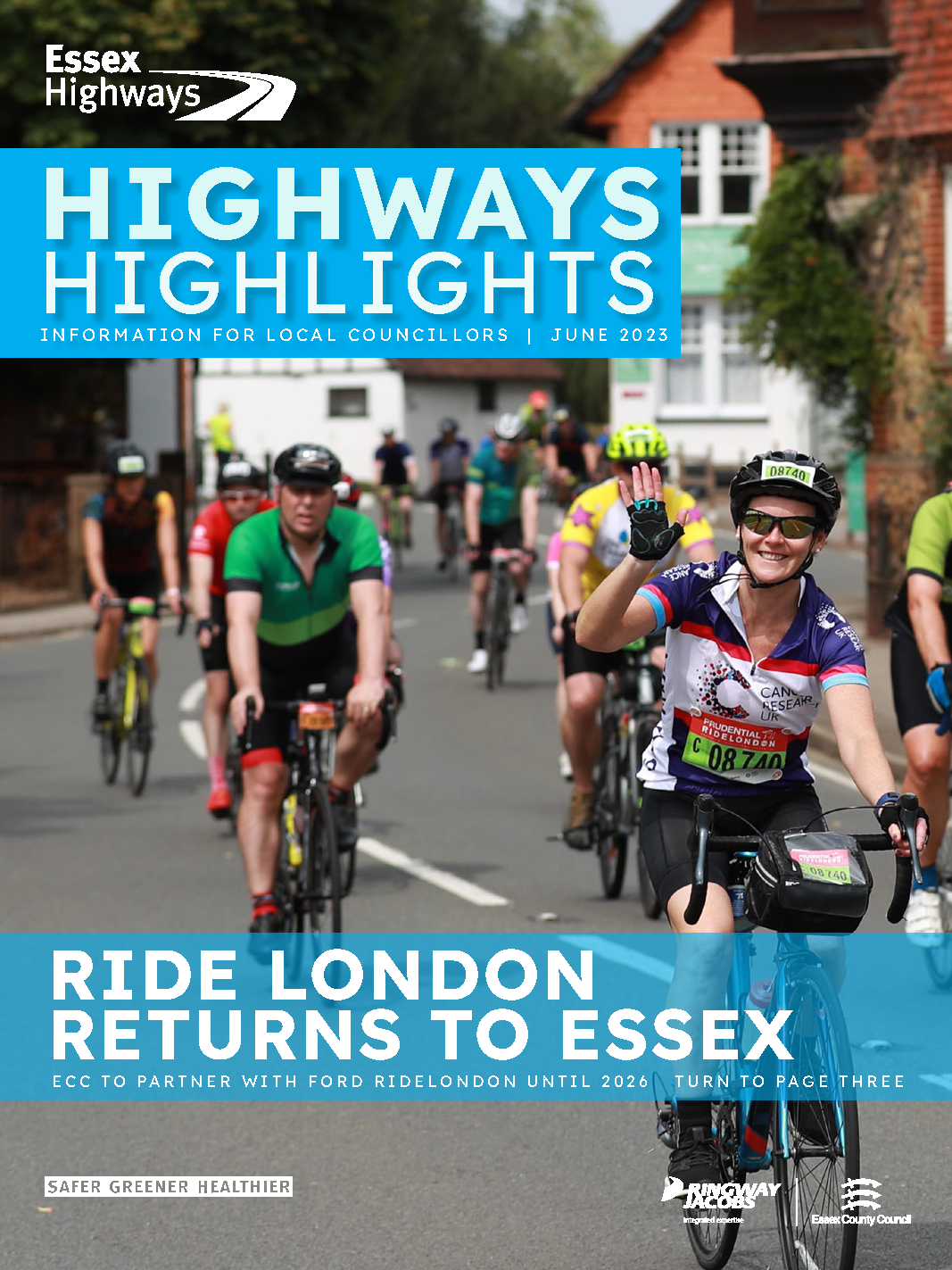 Cover of Highways Highlights June 2023, Text overlay with the words RideLondon Returns to Essex.