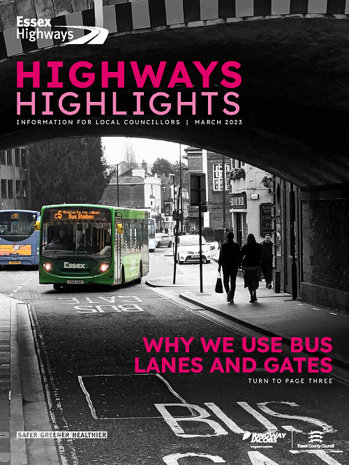 Cover of Highways Highlights March 2023, with information about Why we use bus lanes and gates
