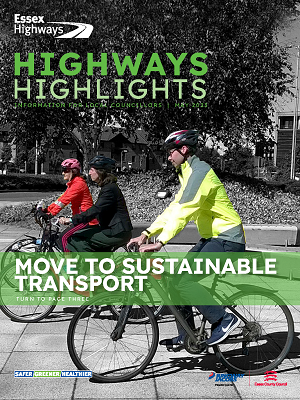 Cover of Highways Highlights May 2023, Text overlay with the words MOVE TO SUSTAINABLE TRANSPORT, with 2 cyclists as the background image.