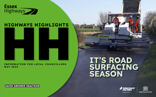 Cover of Highways Highlights May 2024, Text overlay of It's road surfacing season over an image surface dressing machine