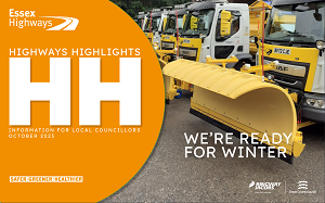 Cover of Highways Highlights October 2023, Text overlay of an image of a gritter and we're ready for winter