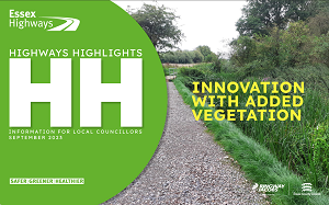 Cover of Highways Highlights September 2023, image of path along a stream with invvoation with added vegetation
