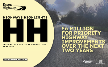 Cover of Highways Highlights June 2025, Text overlay of an image of a highway with text overlay £6 million for priority highway improvements over the next two years 