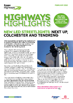 Front cover of the Febraury edition of the Highway Highlights showing New Led Streetlights, next up, Colchester and Tendring