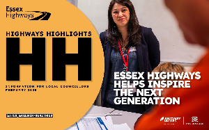 Cover of Highways Highlights January 2025, Text overlay of an image of a winter gritter vehicle and text saying Essex residents name our new gritters