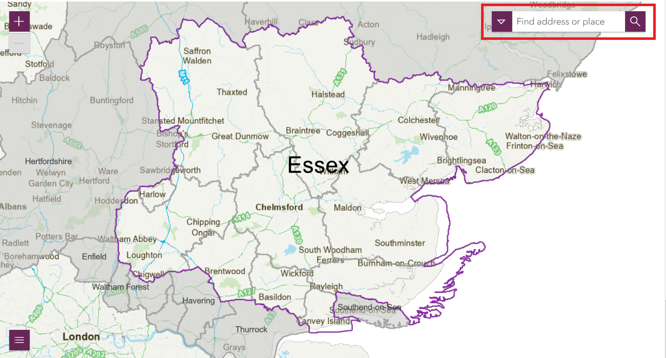 image showing the map of Essex and the mulitfunctional search field highlighted